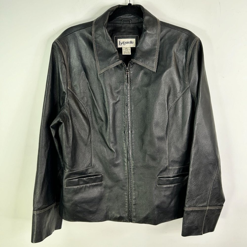 Vintage Bagatelle Black Leather Jacket Moto Style‎ Contrast Stitching Womens